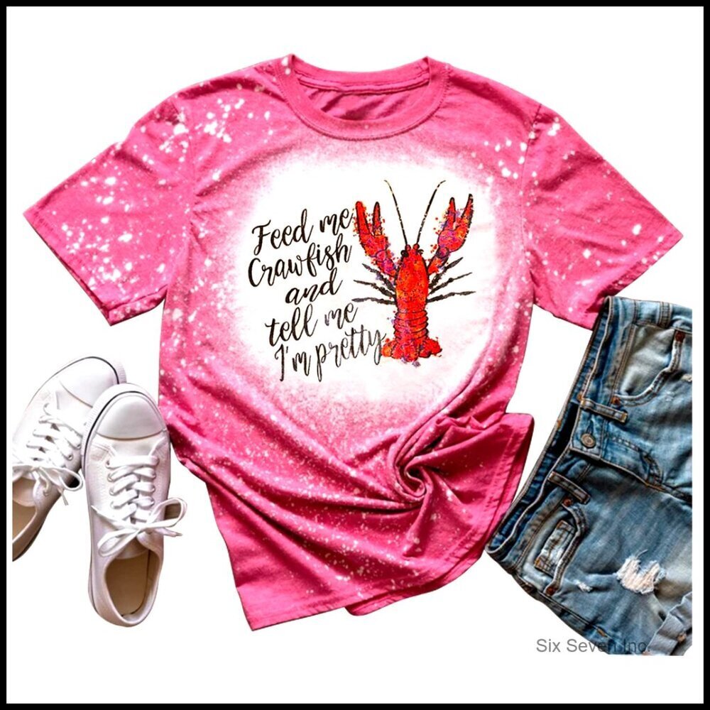 Vintage Bleached Graphic Tee Funny Crawfish Print Summer Casual Short Sleeve
